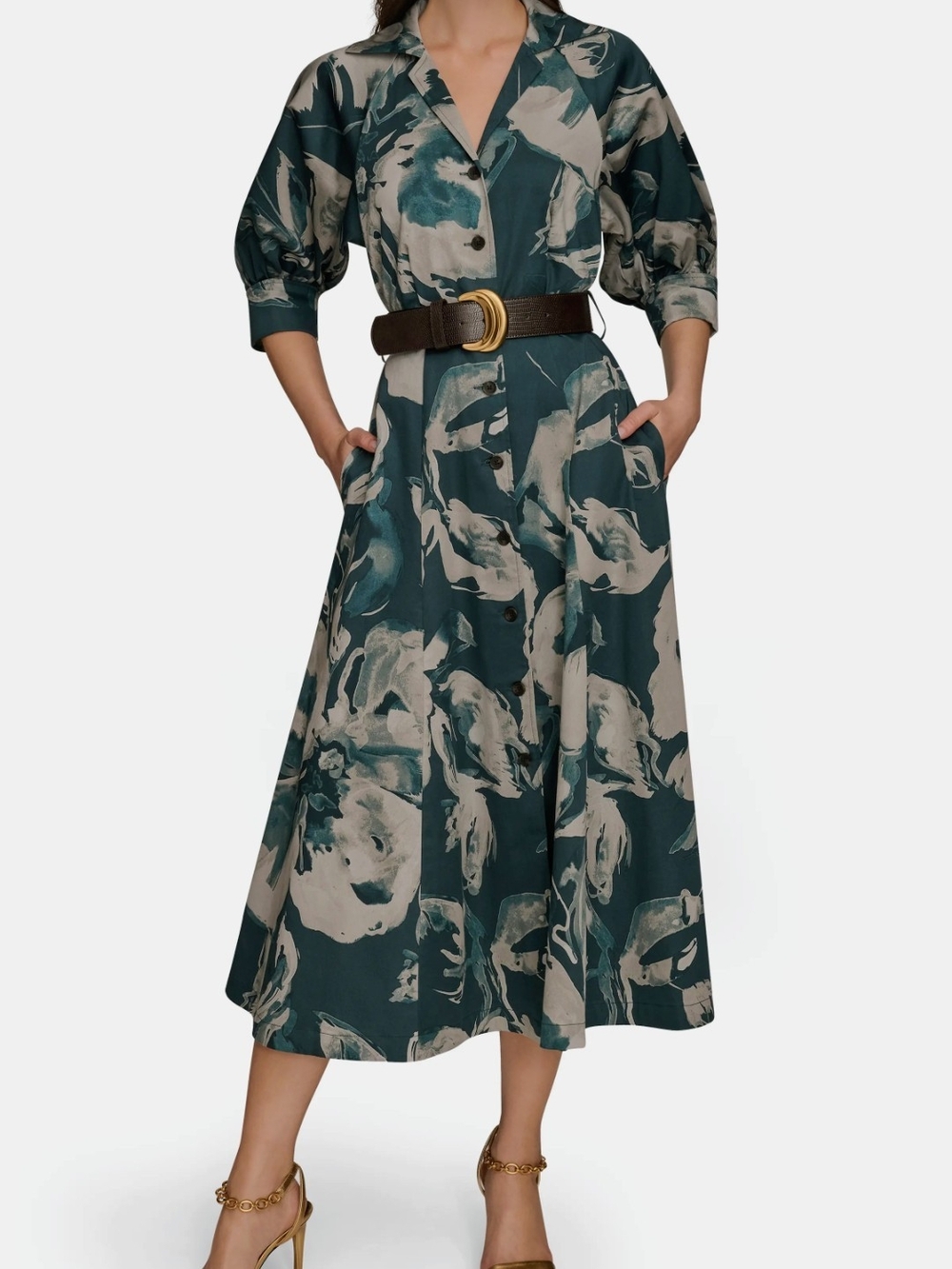 $189 Donna Karan NY Floral Shirt Dress Hudson Wheathered Sage Multi Size 6/S